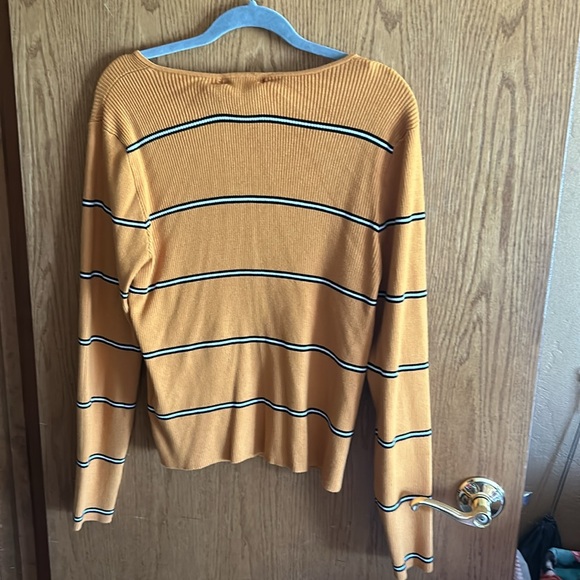 FOREVER 21 SWEATER CARDIGAN IN MUSTARD WITH BLACK/WHITE STRIPES NWT - Picture 2 of 3